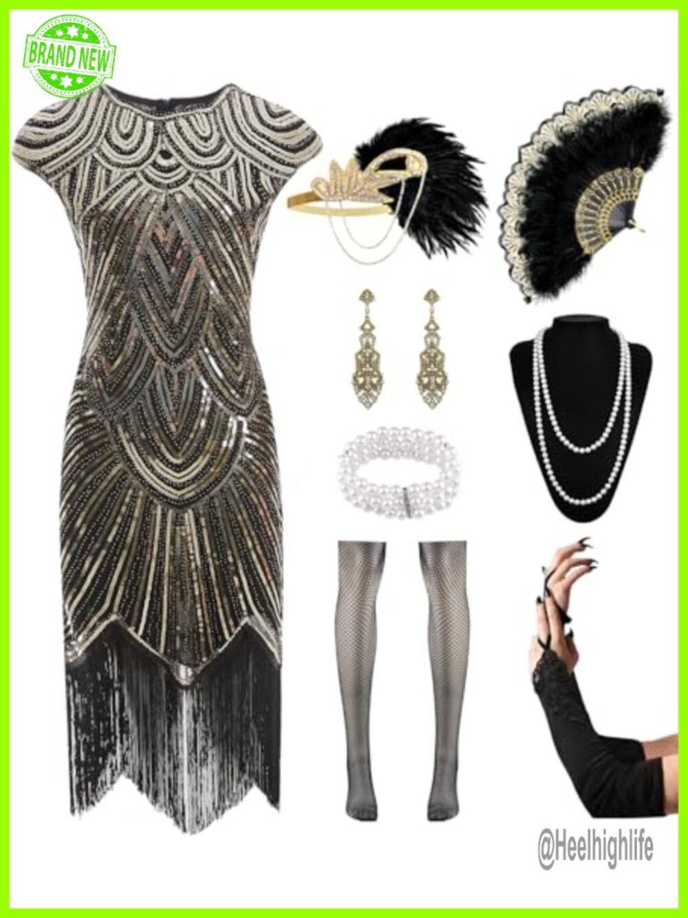 1920s Flapper Dress Sequin Fringe Costume Set with Accessories